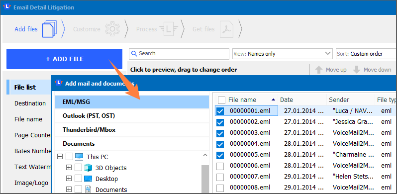 eml to pdf select files